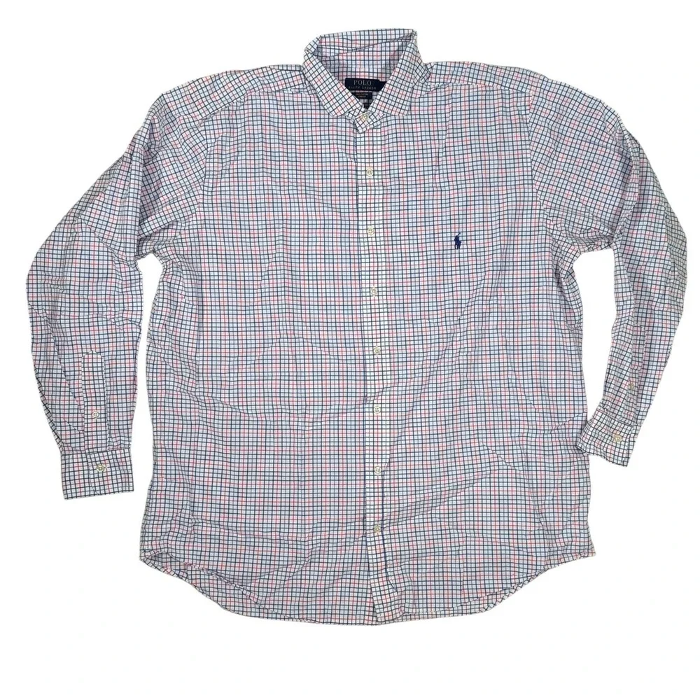 Polo Ralph Lauren Mens XLT Tall Cotton Stretch Check Button Down Shirt Blue Pink